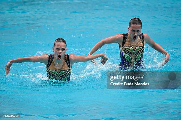 Alexandra Nemich and Yekaterina Nemich of Kazakhstan compete in the Duets Free Routine - First Round during the FINA Olympic Games Synchronised...