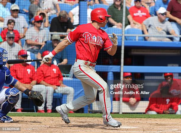 David Lough of the Philadelphia Phillies in action during the game against the Toronto Blue Jays at Florida Auto Exchange Stadium on March 2, 2016 in...