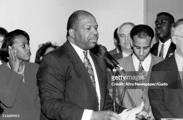 Politician and Maryland congressional representative Elijah Cummings during swearing in ceremony, 1985.