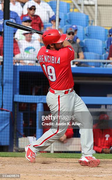 Arencibia of the Philadelphia Phillies in action during the game against the Toronto Blue Jays at Florida Auto Exchange Stadium on March 2, 2016 in...