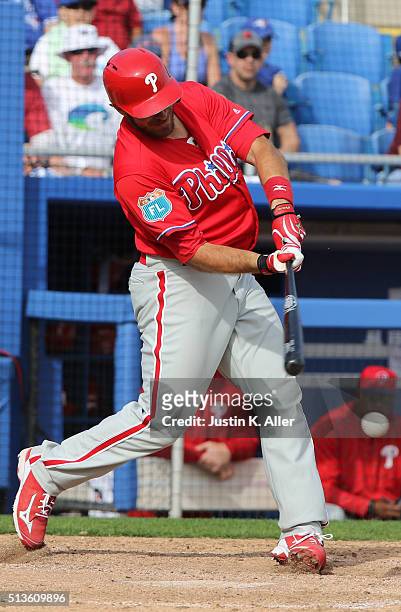 Arencibia of the Philadelphia Phillies in action during the game against the Toronto Blue Jays at Florida Auto Exchange Stadium on March 2, 2016 in...