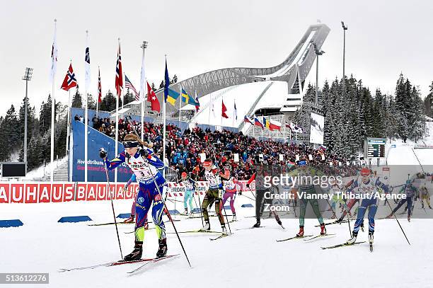 Anais Bescond of France wins the gold medal, Franziska Preuss of Germany wins the silver medal, Marte Olsbu of Norway wins the bronze medal during...