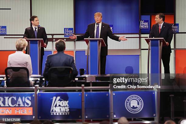 Republican presidential candidates Sen. Marco Rubio , Donald Trump, and Sen. Ted Cruz participate in a debate sponsored by Fox News on March 3, 2016...
