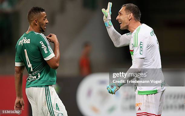 Fernando Prass of Palmeiras talks to Vitor Hugo during a match between Palmeiras and Rosario as part of Group 2 of Copa Bridgestone Libertadores at...