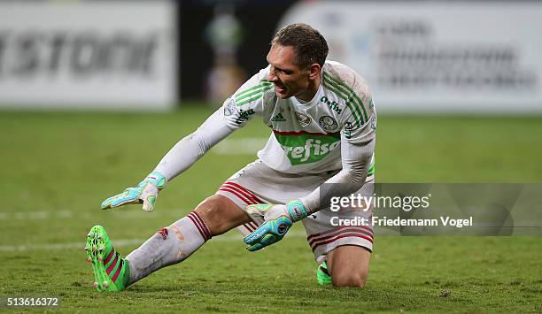 Fernando Prass of Palmeiras reacts during a match between Palmeiras and Rosario as part of Group 2 of Copa Bridgestone Libertadores at Allianz Parque...