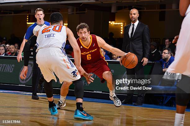 Michael Stockton of the Canton Charge defends the ball against Travis Trice II of the Westchester Knicks during the game at the Westchester County...