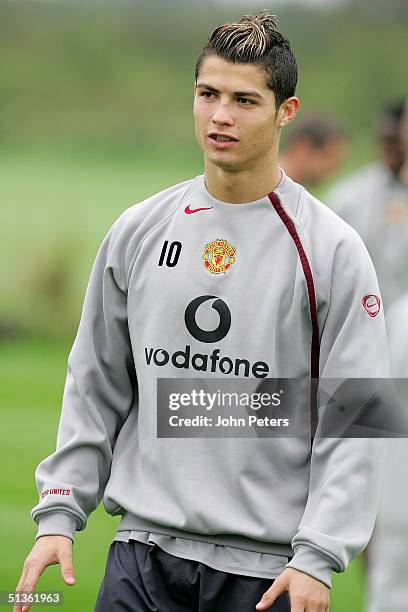 Cristiano Ronaldo of Manchester United in action during a first team training session ahead of the UEFA Champions League match against Fenerbahce at...