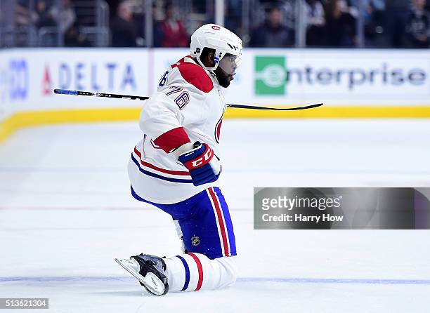 Subban of the Montreal Canadiens celebrates his goal against the Los Angeles Kings to trail 2-1 during the first period at Staples Center on March 3,...