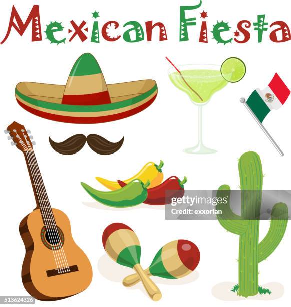 mexikanische fiesta elemente - akustikgitarre stock-grafiken, -clipart, -cartoons und -symbole