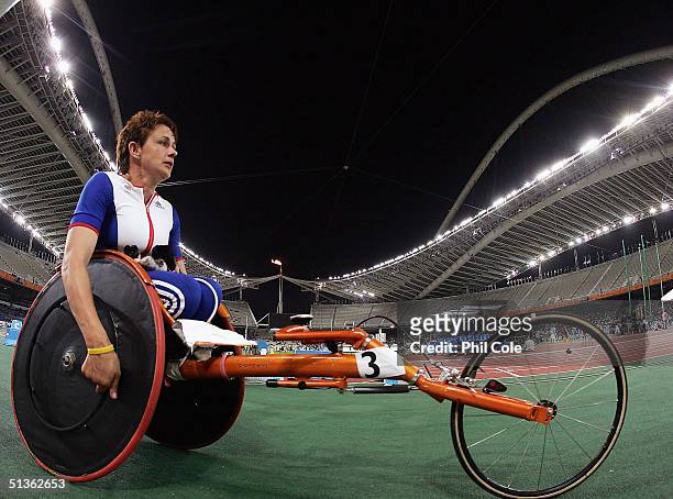 Tanni Grey Thompson of Great Britain after finishing Fourth in the 200m T54 for Women at the Athens 2004 Paralympic Games at the Olympic Stadium, on...