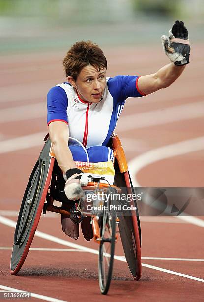 Tanni Grey Thompson of Great Britain after finishing Fourth in the 200m T54 for Women at the Athens 2004 Paralympic Games at the Olympic Stadium, on...