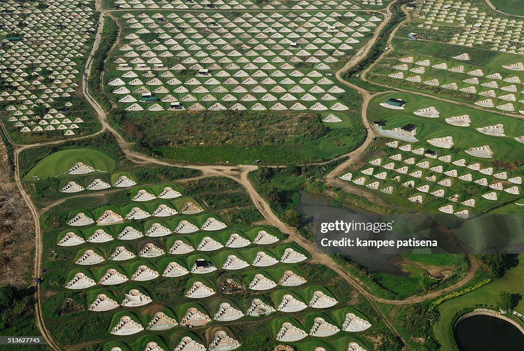 Aerial view of Chinese cemetery lays on a hill