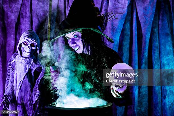 halloween:  witch cooking her brew for special guests. skull. - ugly witches stockfoto's en -beelden