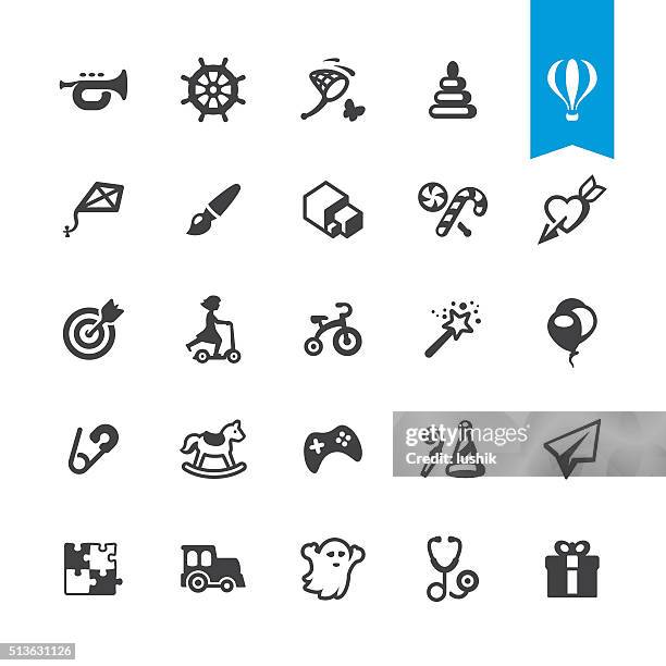 happy childhood and toys vector icons - butterfly net stock illustrations