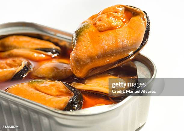 detail of canned mussels - mussels stock pictures, royalty-free photos & images