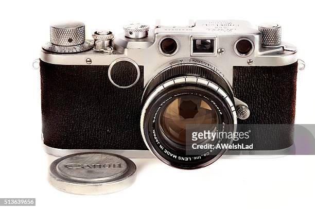 leica classic vintage iic camera circa 1948-51 with canon lens - leica camera stock pictures, royalty-free photos & images