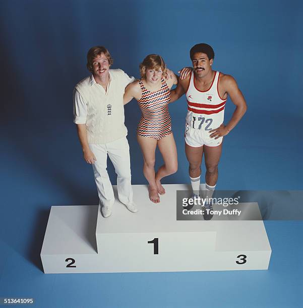 Swimmer Sharron Davies of Great Britain, Somerset and England cricketer, Ian Botham and Decathalon champion Daley Thompson on 1st May1979 at the...