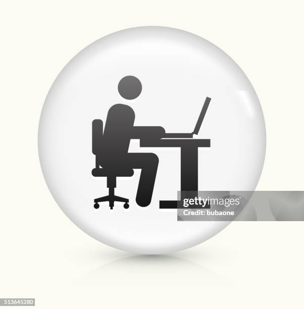 man working on computer icon on white round vector button - student typing on computer stock illustrations