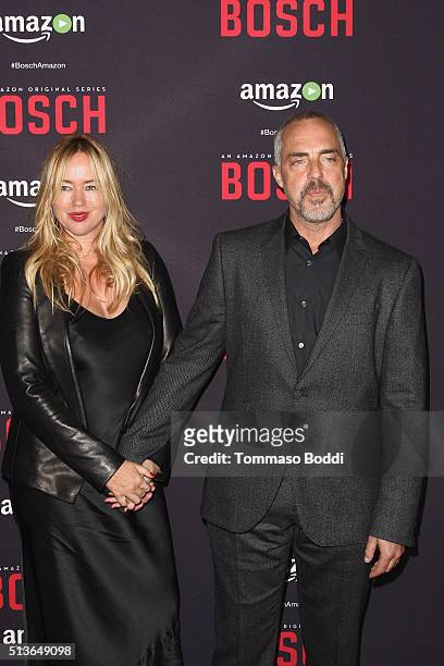 Actor Titus Welliver and Jose Stemkens attend the Premiere Of Amazon's "Bosch" Season 2 held at the SilverScreen Theater at the Pacific Design Center...