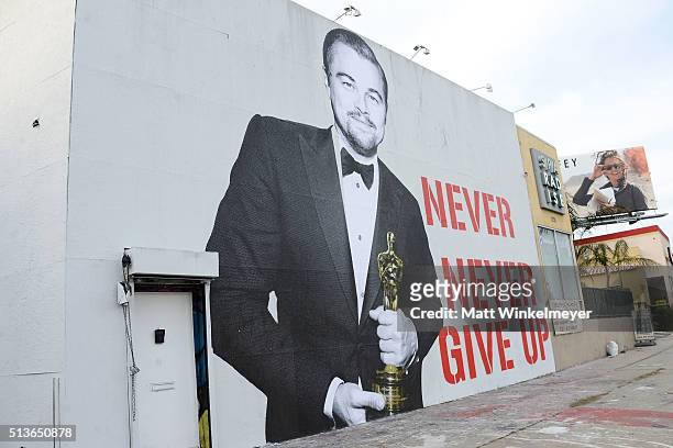 Leonardo DiCaprio Oscar street art mural on March 3, 2016 in Los Angeles, California.