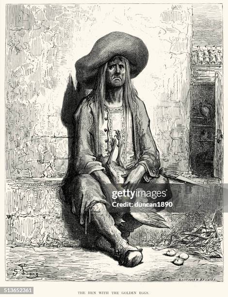 la fontaine's fables - hen with the golden eggs - goose golden egg stock illustrations