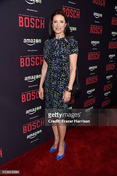 Actress Mimi Rogers arrives at the Premiere Of Amazon's "Bosch" Season 2 at SilverScreen Theater at the Pacific Design Center on March 3, 2016 in...