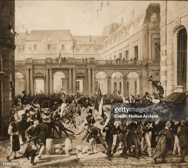 Man waves the republican tricolor as the Duc d' Orleans makes his way on horseback through the barricades to the Hotel de Ville in Paris during the...