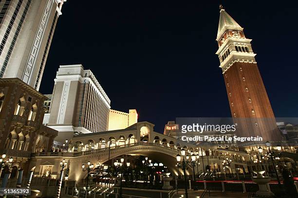 The facade of the Venitian hotel is seen at night on Las Vegas Boulevard on September 17 in Las Vegas.