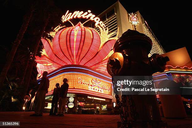 The facade of the Flamingo hotel is seen at night on Las Vegas Boulevard, September 17 in Las Vegas.