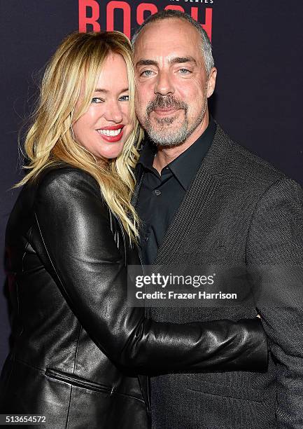 Actor Titus Welliver and wife Jose Stemkens arrrive at the Premiere Of Amazon's "Bosch" Season 2 at SilverScreen Theater at the Pacific Design Center...