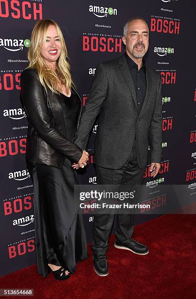 Actor Titus Welliver and wife Jose Stemkens arrrive at the Premiere Of Amazon's "Bosch" Season 2 at SilverScreen Theater at the Pacific Design Center...