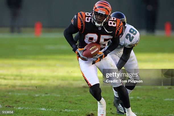 Chad Johnson of the Cincinnati Bengals tries to outrun Jason Craft of the Jacksonville Jaguars during the game at Paul Brown Stadium in Cincinnati,...