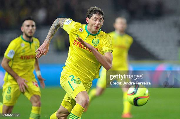 Emiliano Sala of FC Nantes during the French Ligue 1 between FC Nantes and Girondins de Bordeaux at Stade de la Beaujoire on January 23, 2016 in...