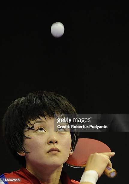 Ri Myong Sun of Korea DPR competes against Feng Tianwei of Singapore during the 2016 World Table Tennis Championship Women's Team Division...