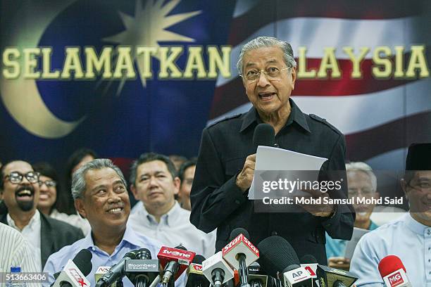 Former Malaysian prime minister Mahathir Mohamad speaks to journalist during the news conference "Save Malaysia" signing of the declaration demanding...