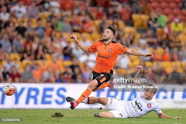 Mitch Nichols of the Wanderers is penalised for this tackle on Brandon Borrello of the Roar during the round 22 A-League match between the Brisbane...
