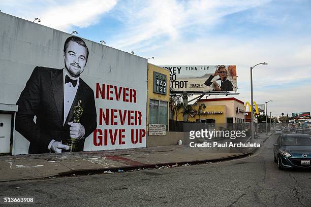 Leonardo DiCaprio Oscar street art mural on March 3, 2016 in Los Angeles, California.