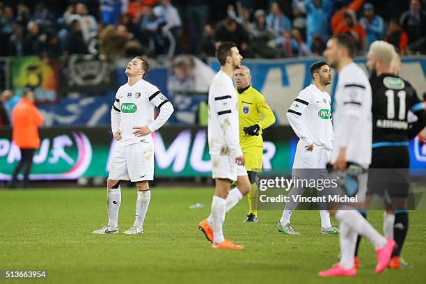 Pierre Lemonier of Granville looks dejected during the French Cup game between US Granville V Olympique de Marseille at Stade Michel D'Ornano on...