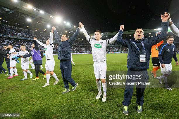 Team of Granville celebrate with their supporters at the end of the French Cup game between US Granville V Olympique de Marseille at Stade Michel...