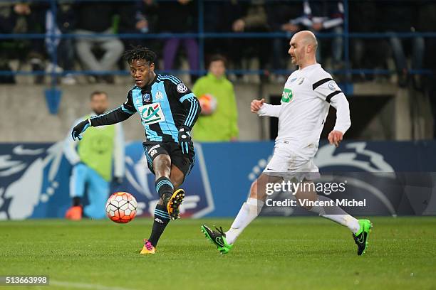 Michy Batshuayi of Marseille during the French Cup game between US Granville V Olympique de Marseille at Stade Michel D'Ornano on March 3, 2016 in...