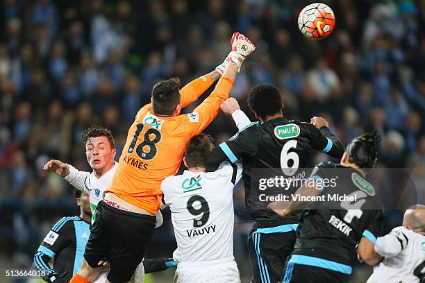 Jeremy AYMES of Granville and Rolando of Marseille during the French Cup game between US Granville V Olympique de Marseille at Stade Michel D'Ornano...