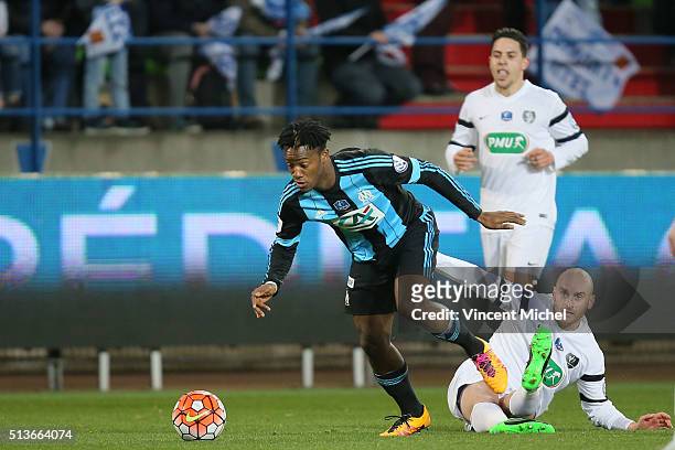 Marcus Musina of Granville and Michy Batshuayi of Marseille during the French Cup game between US Granville V Olympique de Marseille at Stade Michel...