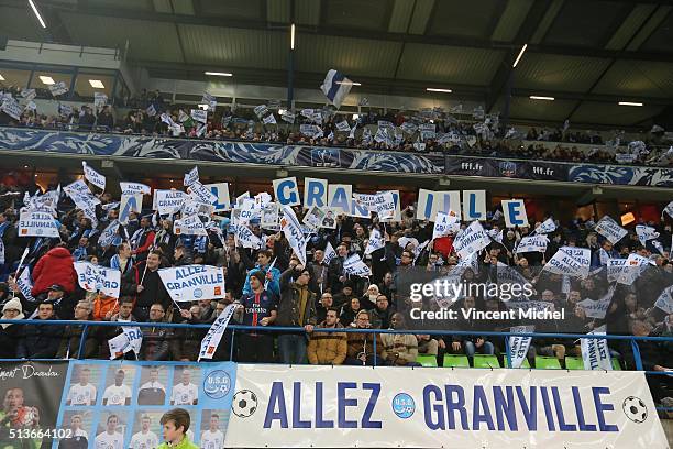 Supporters of Granville during the French Cup game between US Granville V Olympique de Marseille at Stade Michel D'Ornano on March 3, 2016 in Caen,...