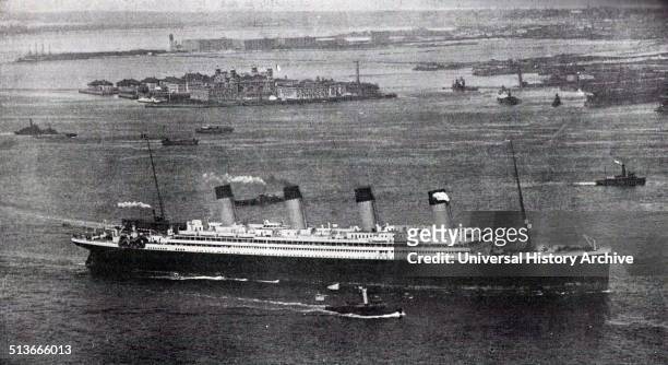 Photograph of the RMS Olympic, sister ship to the Titanic, arriving in New York after her maiden voyage. Dated 1911