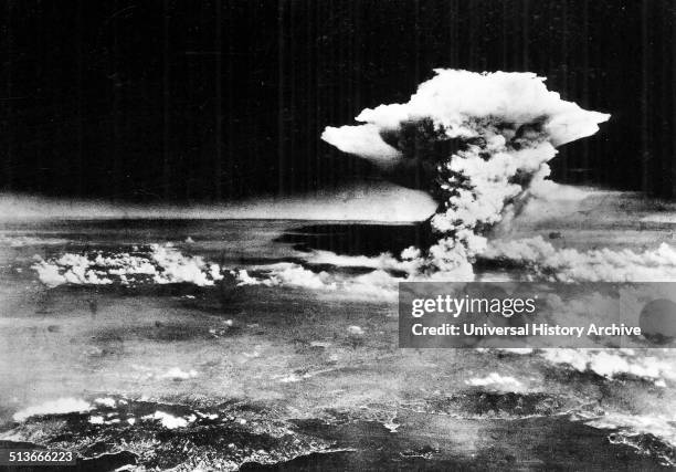 An aerial photograph of Hiroshima, Japan, shortly after the "Little Boy" atomic bomb was dropped. Dated 1945