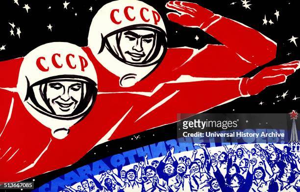 Soviet space propaganda poster. The Space Race was a 20th century competition between two Cold War rivals, the Soviet Union and the United States ,...