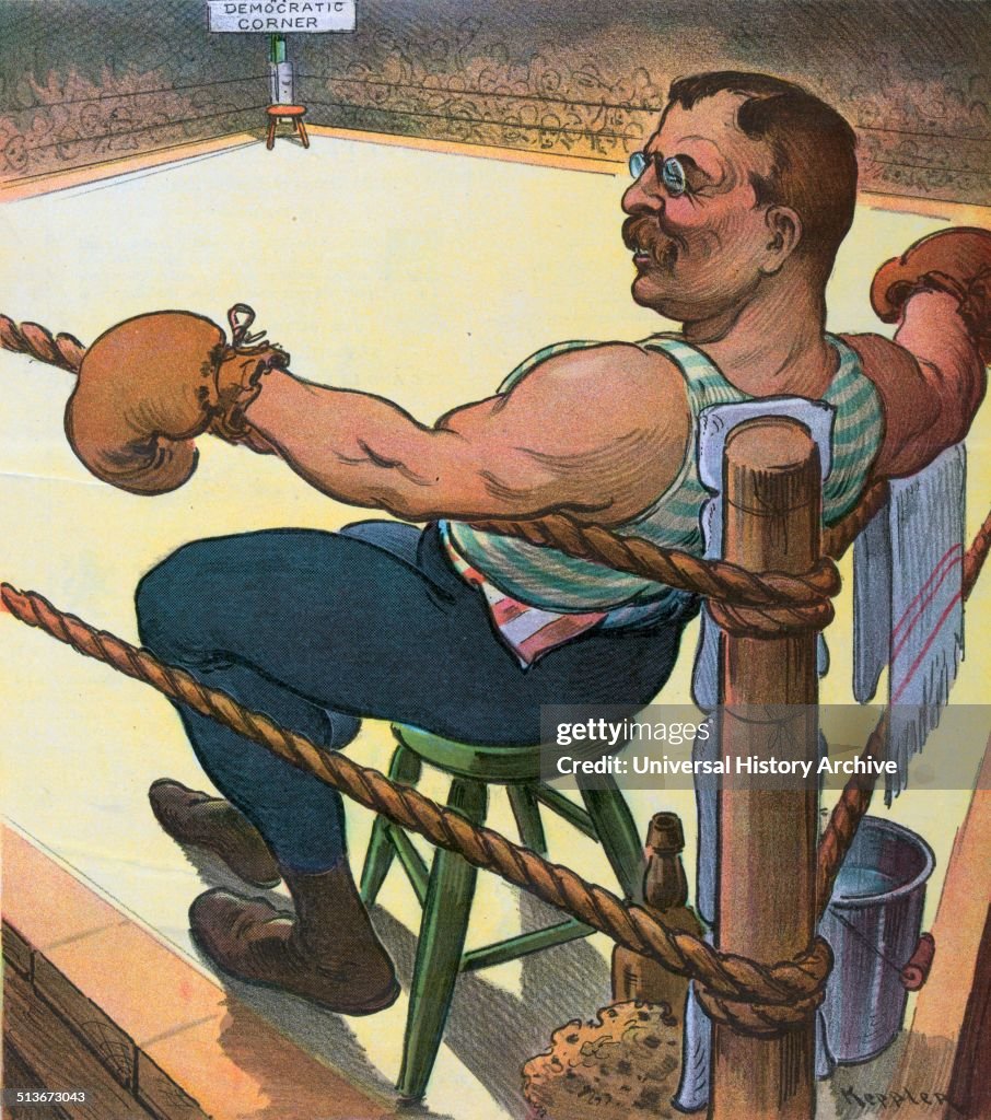 President Theodore Roosevelt as a boxer sitting on a stool.