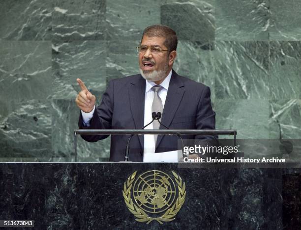 Former Egyptian President Mohamed Morsi addressing the UN, 2012.