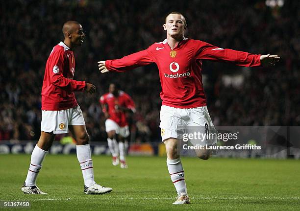 Wayne Rooney of Manchester United celebrates his second goal during the UEFA Champions League Group D match between Manchester United and Fenerbahce...