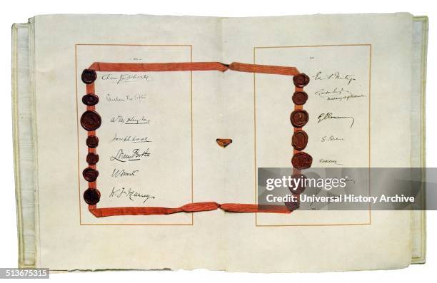 Treaty of Versailles with signatures of commonwealth leaders including Jan Smuts and louis Botha of South Africa.